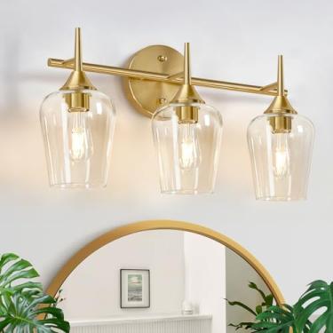 Imagem de MOKATNG Luminária de banheiro com 3 luzes, luzes douradas escovadas de 49,5 cm com formato de copo de vinho, luzes de banheiro sobre espelho, lâmpadas de parede modernas para quarto, sala de estar