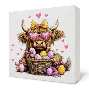 Imagem de Nvotell Coquette Placa de caixa de madeira de vaca Highland da Páscoa rosa, fazenda com ovos de páscoa fofos, placas de bloco de madeira para quarto de meninas, dormitório, apartamento, mesa,