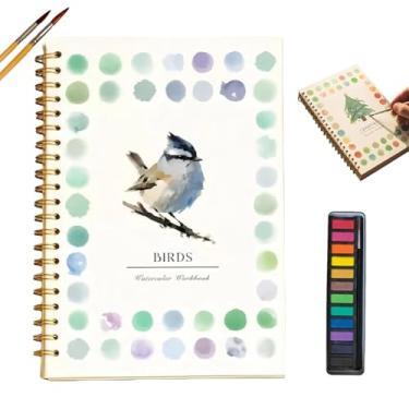 Imagem de Pacote com 1 caderno de exercícios em aquarela para iniciantes – Livro de artesanato com cenas da natureza com conjunto de 12 cores e pincel de pintura (pássaro)