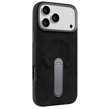 Imagem de Capa magnética para iPhone 17/17 Air/17 Pro/17 Pro Max, capa para telemóvel com suporte oculto de luxo de camurça quente, capa fina de couro escovado resistente a quedas (Black, 11 7 Pro M ax)