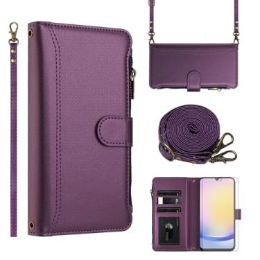 Imagem de Asuwish Capa de telefone para Samsung Galaxy A25 5G Capa carteira com protetor de tela de vidro temperado alça transversal de couro flip zíper suporte para cartão de crédito celular A 25 25A SM-A256U