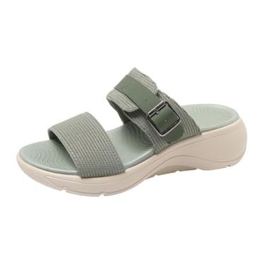 Imagem de Pantufas femininas de malha respirável, cor sólida, bico redondo, bico aberto, sola grossa, primavera, verão, casual, chinelos, Verde, 36