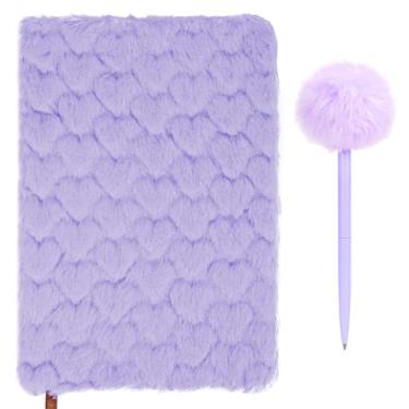 Imagem de Biiange Caderno de pelúcia, conjunto de caderno fofo, diário de pelúcia em forma de coração, para meninas e adolescentes, bloco de anotações felpudo A5 forrado com 80 páginas (1 conjunto roxo)
