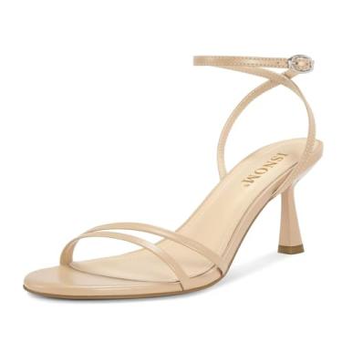 Imagem de ISNOM Sandálias femininas de bico redondo, salto baixo, tira no tornozelo, salto gatinho, confortável, sapatos de festa, Damasco G-cream, 39