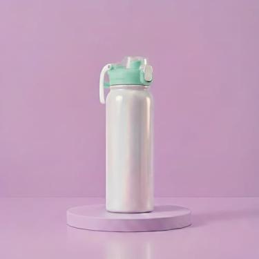 Imagem de Garrafa Térmica 550ml com Efeito Holográfico e Dupla Saída de Água | Canudo Retátil e Bico, Tampa Antivazamento e Alça (Verde)