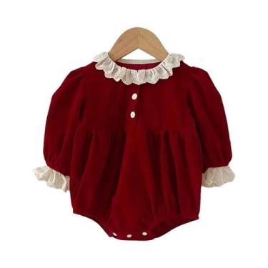 Imagem de Macacão De Natal Vermelho Com Mangas Longas E Gola De Renda Para Bebê 