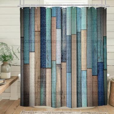 Imagem de Glawry Cortina de chuveiro azul cinza para porta de celeiro rústica fazenda rústica de madeira vintage madeira de celeiro ocidental banheiro moderno simples listrado 182x172 cm C acessórios de banho