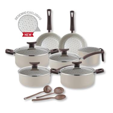 Imagem de Jogo de Panelas 10 Peças Teflon Antiaderente Tampa De Vidro Alças Térmicas e Utensílios (Vanilla Latte)