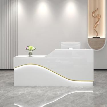 Imagem de Elegante mesa de recepção de veias brancas com gaveta e bandeja de teclado – 140 x 49,8 cm x 99,8 cm Balcão de varejo para salão, escritório e recepção