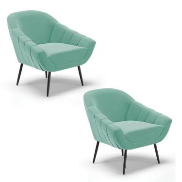 Imagem de Kit 02 Poltronas Giovana Suede Azul Turquesa Pés Palito de Ferro - D'R