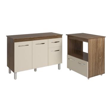 Imagem de Balcão Armário Gabinete Aline 118 cm Savana Off White com Tampo Savana e Balcão Amanda Forno Microondas Savana Off White