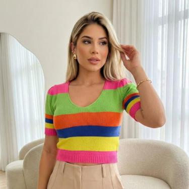 Imagem de Cropped Tricot Modal Manga Curta Listras - Vitrine Collection, Pink, U