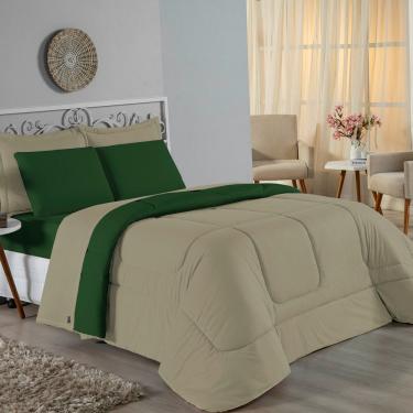 Imagem de Kit Edredom Dupla Face + Jogo De Lençol Casal Viúva Nobre 6 Peças Malha 100% Algodão - Avelã / Verde-bandeira