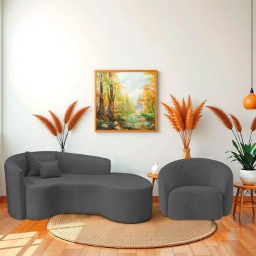 Imagem de Kit Recamier Curvo Sala De Estar Inglaterra 180cm Lado Direito E Poltrona Orgânica Luxo Amore Linho Cinza Escuro