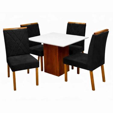 Imagem de Mesa de Jantar Dakota 90x90cm Sem Vidro e 4 Cadeiras California em Veludo Estofadas Cel Móveis Cor Cinamomo Off White com Tecido Preto