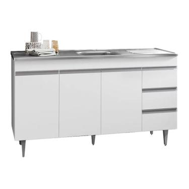 Imagem de Balcão De Cozinha Com Pia Inox 160cm 3 Gavetas Andréia Branco - Ajl Móveis