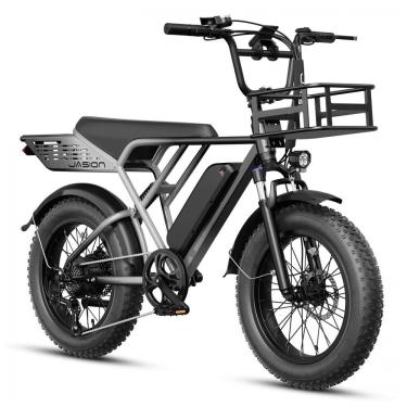 Imagem de Bicicleta elétrica Jasion RetroVolt cinza com cesta dianteira pneus 20x4 suspensão dupla motor 1500W pico bateria 48V 13Ah 70 km 7 marchas