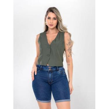 Imagem de Short jeans feminino meia coxa com lycra cintura alta barra dobrada mo