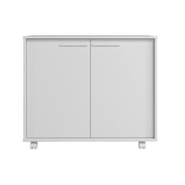 Imagem de Balcão Em Mdp Com 2 Portas 2 Prateleiras E 4 Pés Com Rodízios Brv Móveis Branco