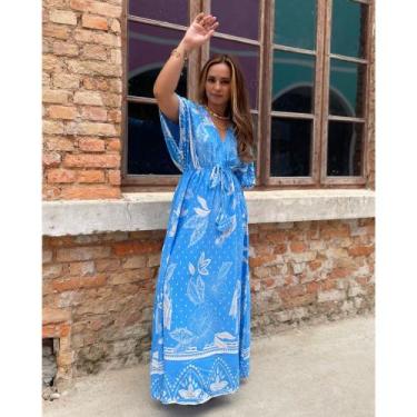 Imagem de Vestido Morena Longo com Fenda Decote V e Cintura Marcada - Amor Azul 