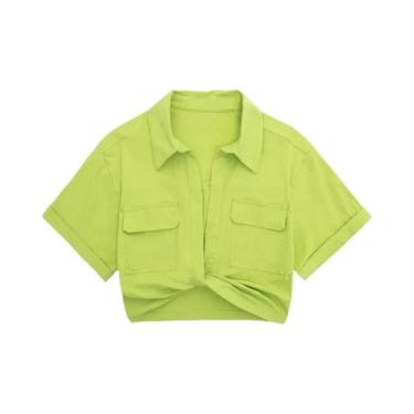 Imagem de Camisa Cropped De Linho Com Nó Frontal E Bolsos Em Patch Para Mulheres