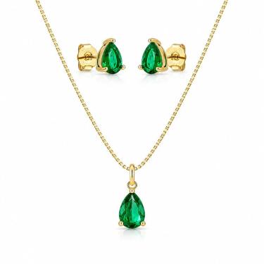 Imagem de Conjunto Colar e Brincos Atraktiva Jóias Zircônio Gota Semijoia Banhada a Ouro 18k 0,9CM Dourado