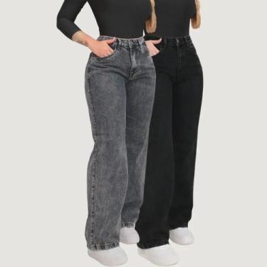 Imagem de Kit 2 Calças Jeans Wide Leg Feminina Grafite Cintura Alta - Otter Kids