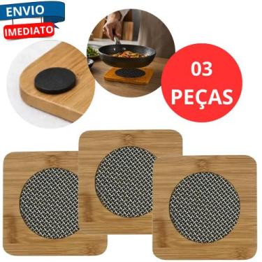 Imagem de Kit 3 Descanso De Panela Base Quadrada Antiderrapante Apoio MDF Inox S