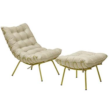 Imagem de Conjunto Decorativo Poltrona e Puff Abel Base de Ferro Dourada Veludo Bege - Gran Belo