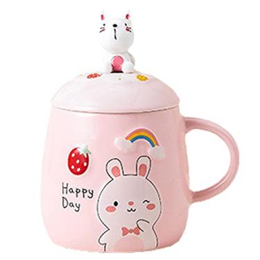 Imagem de Caneca de astronauta com colher de urso cerâmica xícara de café infantil desenho animado caneca de leite presente de aniversário escritório casa (happy day coelhinho rosa)