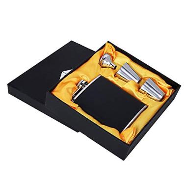 Imagem de Cantil de aço inoxidável preto funil de couro preto, frasco de quadril para presente de aniversário de licor, 170 g 198 g opcional (7) frascos para homens com álcool