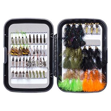 Imagem de BASSDASH Kit de moscas de pesca com mosca, sortido com moscas, robalo, truta, com caixa para mosca, 36/64/72/76/80/96 peças com moscas secas/molhadas, ninfas, serpentinas (58 peças sortidas de moscas)