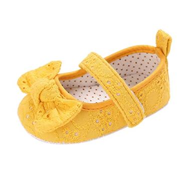 Imagem de Sapatos infantis primavera e verão para bebês meninas sola plana macia e clara cor sólida bonito laço vestido princesa, Amarelo, 0-6 meses