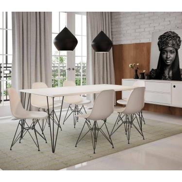 Imagem de Mesa Sala de Jantar Industrial Clips Branca 135x75 com 6 Cadeiras Eiffel Brancas de Ferro Preto
