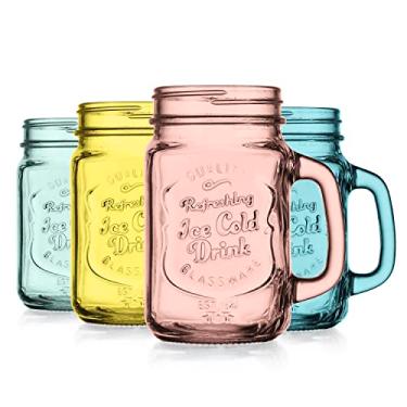 Imagem de Glaver's Conjunto de 4 copos Mason Original, conjunto de 4, canecas coloridas de 432 g com logotipo gelado em relevo, caneca de pote Mason com alça