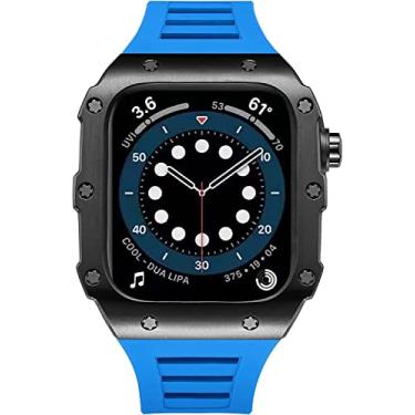Imagem de MGTCAR Caixa de relógio de aço inoxidável, para Apple Watch Band Series 8 7 6 SE 5, Mod Kit 45mm 44mm Caixa de metal Pulseira de relógio de borracha proteção total tática para homens (Cor: UB, Tamanho: 45mm para 8/7)