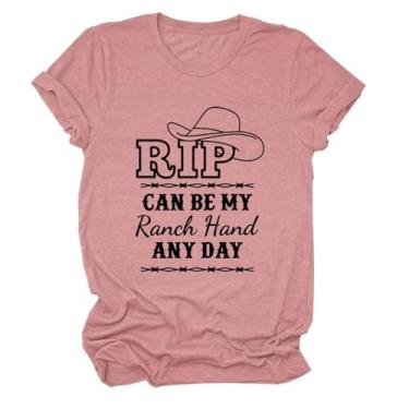 Imagem de Rip Can Be My Ranch Hand Any Day Camiseta feminina com padrão de chapéu jeans engraçado com dizeres estampados camisetas country music pulôver tops, Letra preta, ouro rosa, GG