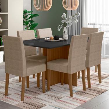 Imagem de Conjunto de Mesa de Jantar Retangular com Tampo de Vidro Preto Helo e 6 Cadeiras Josi Suede Fendi