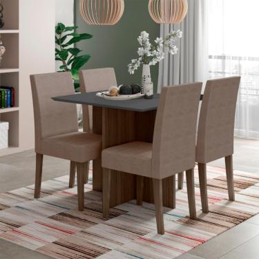 Imagem de Conjunto de Mesa de Jantar Quadrada com Tampo de Vidro Preto Helo e 4 Cadeiras Josi Suede Cappuccino
