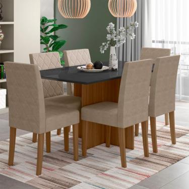 Imagem de Conjunto de Mesa de Jantar Retangular com Tampo de Vidro Preto Helo e 6 Cadeiras Jade Suede Fendi