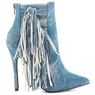 Imagem de Luichiny Going Fast Pointed Toe High Stiletto Distressed Denim Fringe Ankle Boot (6)