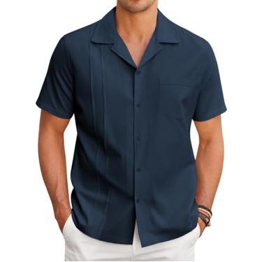 Imagem de COOFANDY Camisa masculina de linho de manga curta cubana Guayabera, camisa de botão de praia, Azul, violeta, G