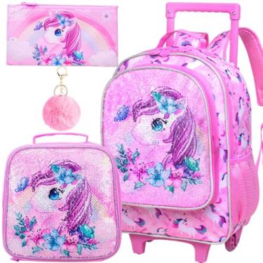 Imagem de Mochila rolante 3 peças para meninas, mochila escolar com rodas unicórnio infantil para crianças pequenas
