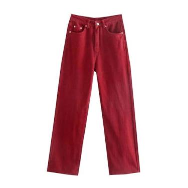 Imagem de RuuTe Calça feminina Za Jeans cintura larga Fly Calça jeans feminina, Vermelho, G
