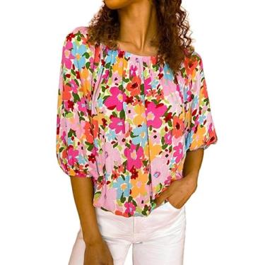 Imagem de Yueary Blusa feminina floral fora do ombro camisas boho manga curta gráfica casual floral verão chiffon blusas, Vermelho, M