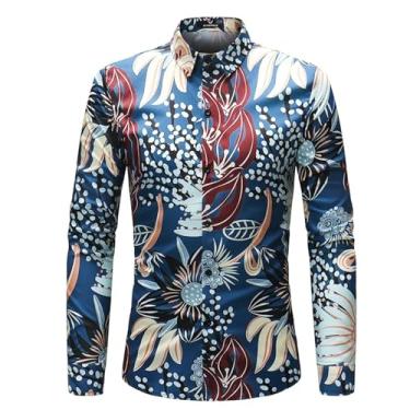 Imagem de ZMIN Camisa masculina com estampa floral azul manga longa slim fit camisa masculina casual homme algodão cetim roupas masculinas, Azul, P