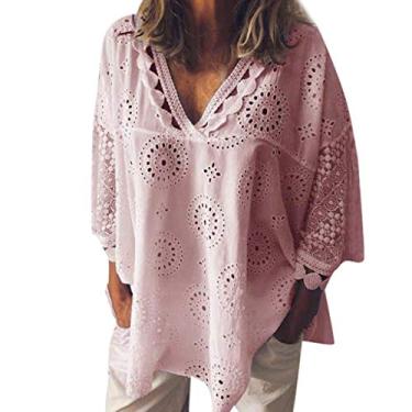 Imagem de Blusas femininas de malha de renda, plus size, manga curta, sexy, verão, algodão, camisetas camponesas, túnica de festa, rosa, 5G