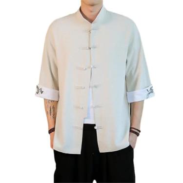 Imagem de Camiseta masculina vintage com bordado Summer Crane estilo tradicional chinês meia manga linho camisa Kungfu, Bege, GG