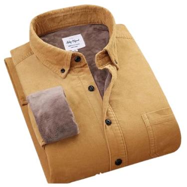Imagem de Camisa masculina de veludo cotelê grosso de algodão quente, manga comprida, gola de botão, outono e inverno para homens, Caqui, P