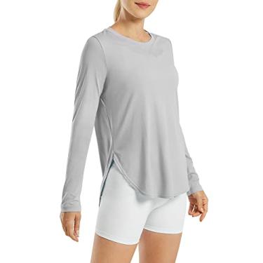 Imagem de G4Free Camisas femininas FPS 50+ UV manga longa treino sol camisa academia ao ar livre caminhada tops secagem rápida leve, Cinza, G